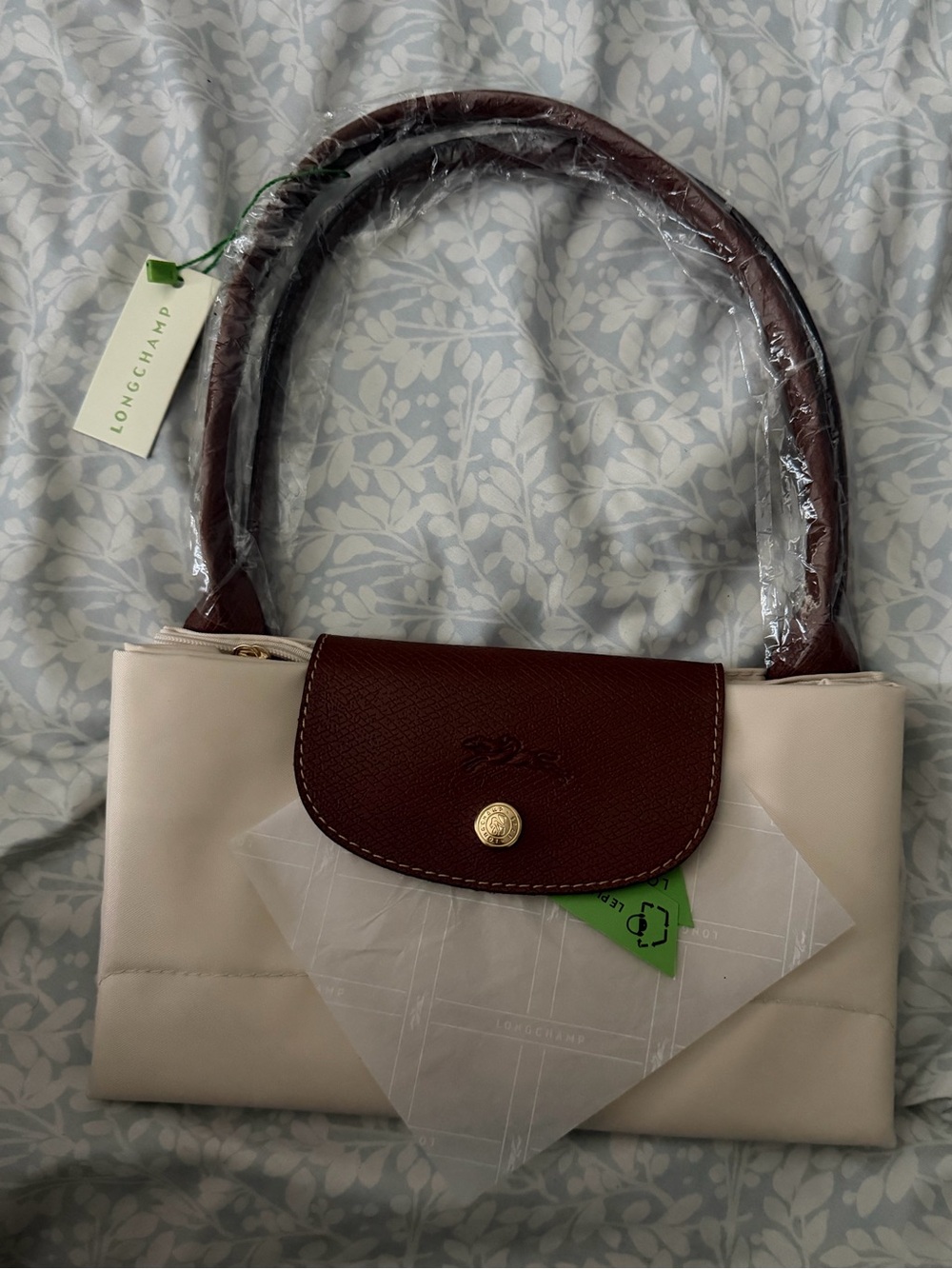 Longchamp Cream Tote with Brown Flap and Handles